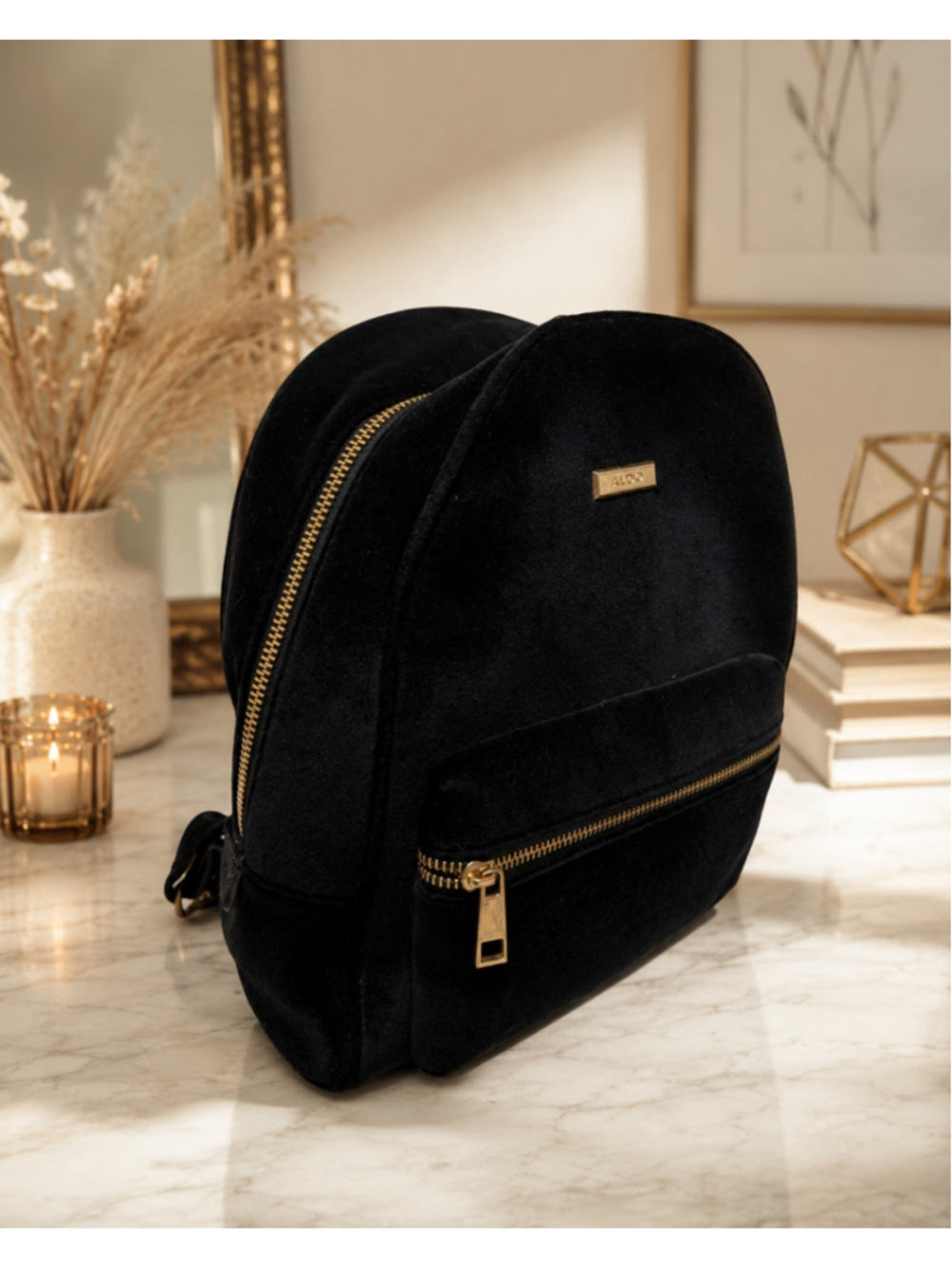 ALDO Black Velvet Velour Mini Backpack Gold Chain Straps Adjustable Shoulder Bag